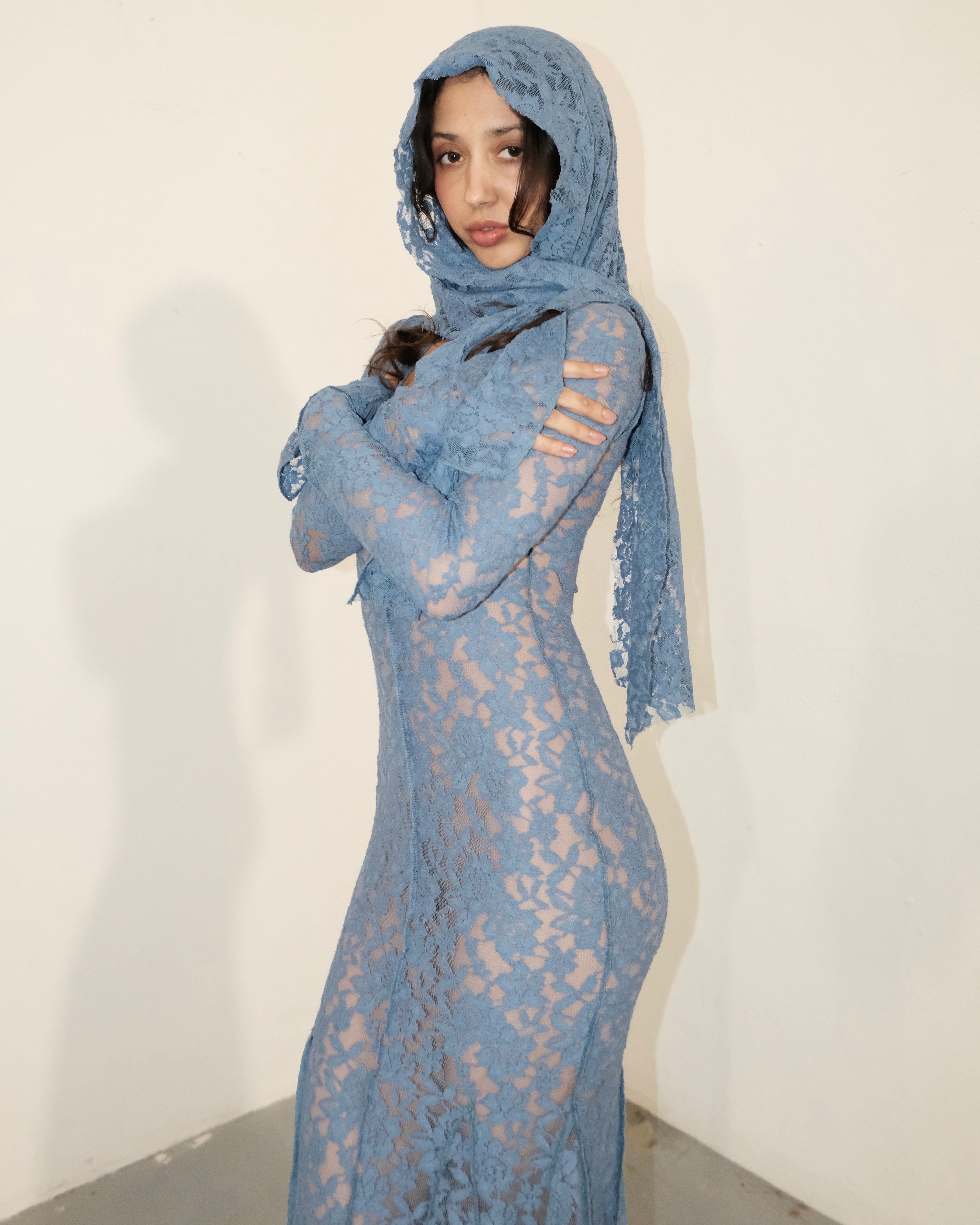 Blue Lace Floral Vintage Maxi Dress & Head Scarf (Optional)