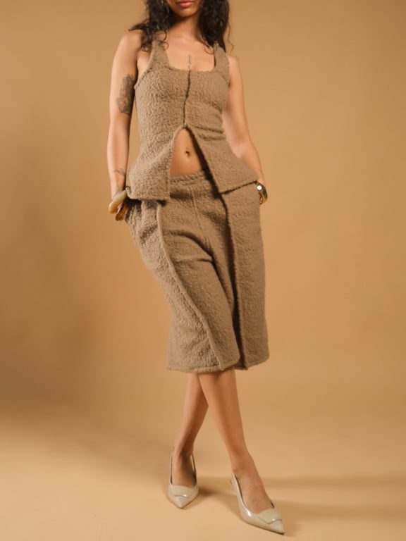 Handmade Brown Wool Crop Top Two Piece Set