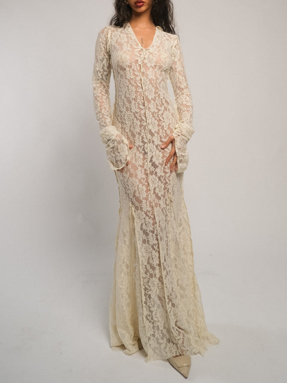 Cream Lace Strechy Maxi Dress (Wedding)