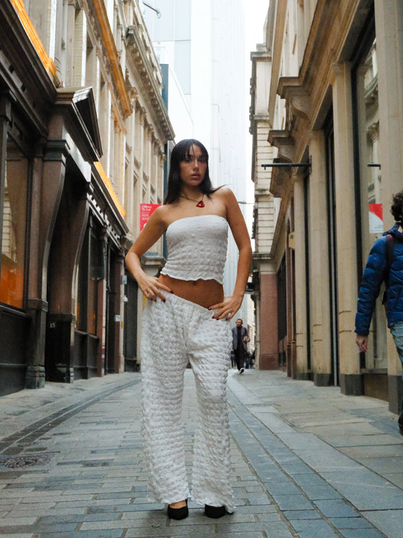 Two Piece Handmade White Bubble Trousers Set