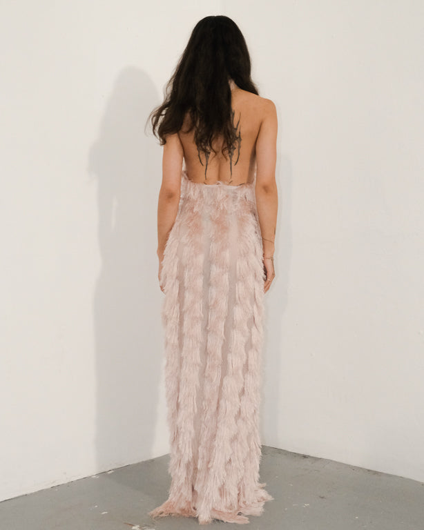 Pink Fringe Mesh Backless Maxi Dress