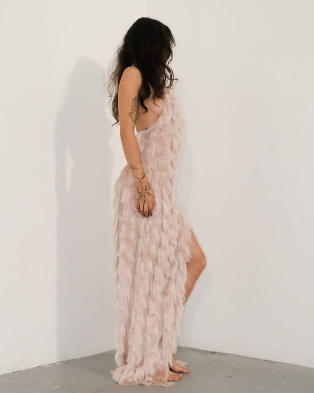 Pink Fringe Mesh Backless Maxi Dress
