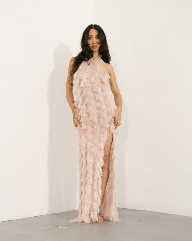 Pink Fringe Mesh Backless Maxi Dress