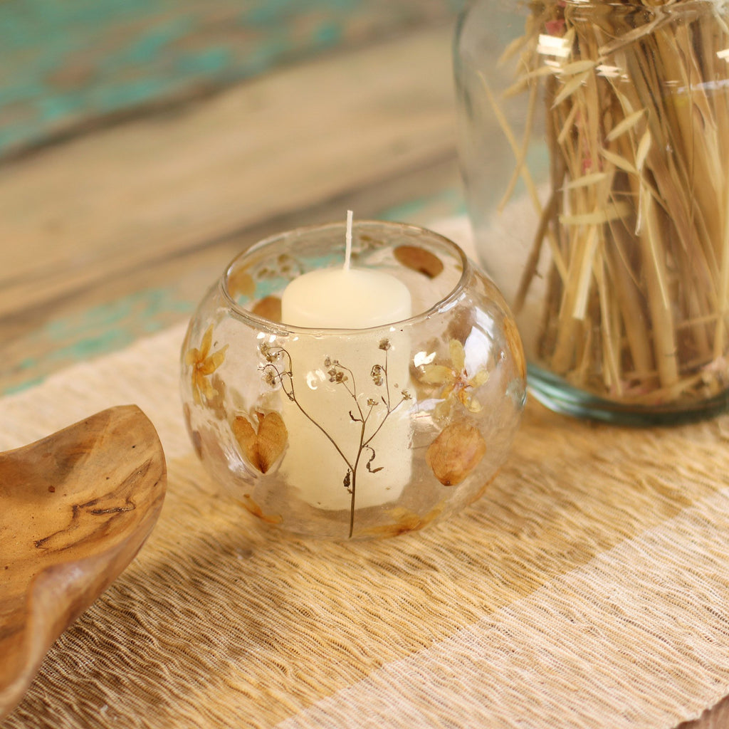 Natural Floral Glass - Large Bowl Candle Holder - Rosa - (12x13cm)