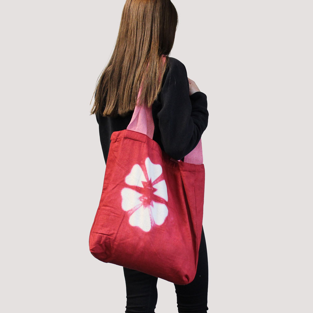 Natural Tye-Dye Cotton Bag (8oz) - 38x42x12cm - Maroon Rings - Pink Handle